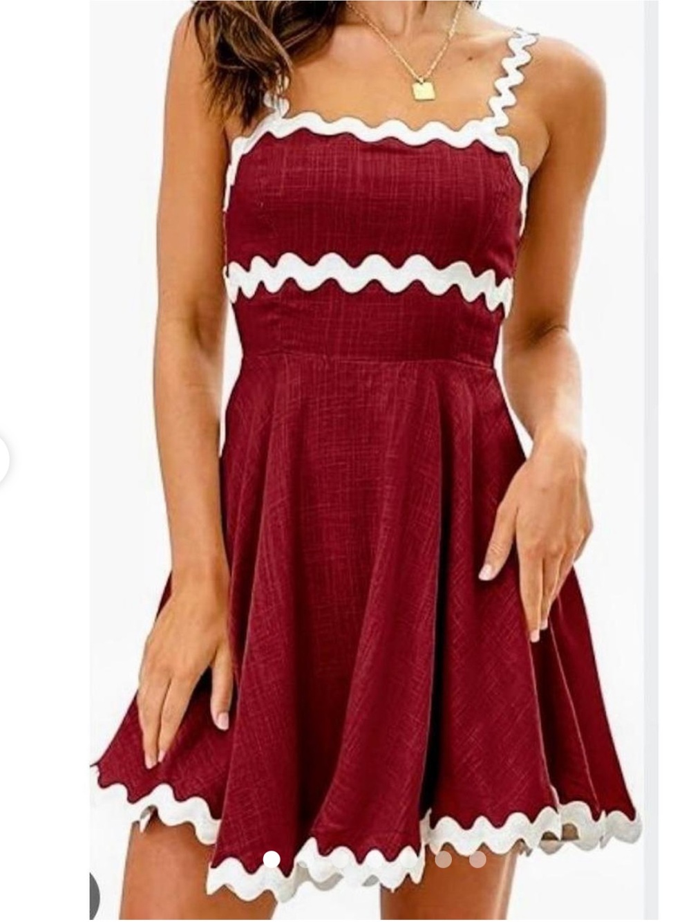 Shy Velvet Wine Red Mini Dress with White Scallop Trim